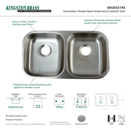 Kingston Brass Undermount Double Bowl Kitchen Sink, Brushed GKUD32194